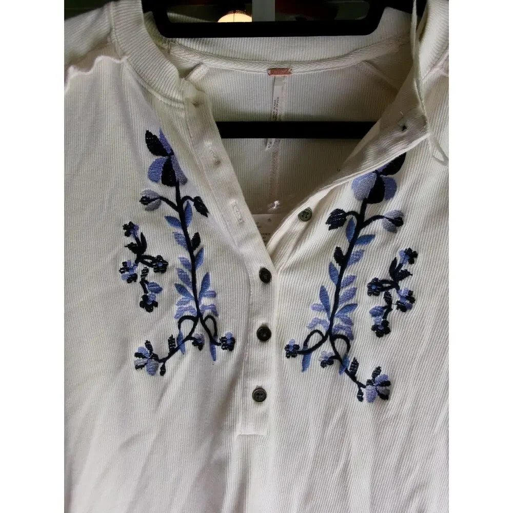 NWT Free People Embroidered Henley Top M Ivory Blue Floral Long Sleeve